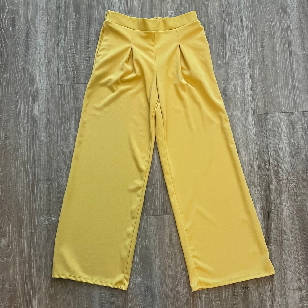 La Gypsy Women Pants Size L Yellow Polyester Spandex Wide Leg Pleated Front